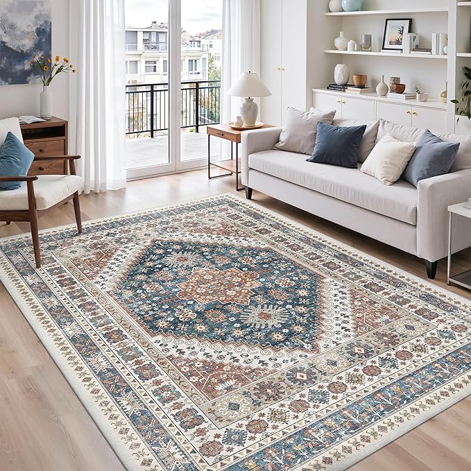 zesthome 6x9 Area Rug, Super Soft Washable Rugs for Living Room, Non-Slip Stain Resistant Vintage Rugs, Ultra-Thin Large Area Rugs (Navy Blue/Red,6'x9')