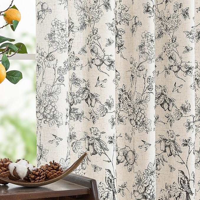 jinchan Linen Floral Curtains for Living Room 96 Inch Length Black Printed Flower Light Filtering French Country Curtain Farmhouse Cottage Core Toile Curtains Back Tab Window Drapes Set 2 Panels