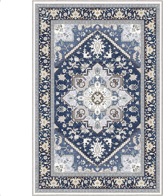 OPPODREAM Soft Area Rugs 4x6, Low-Pile Washable Rugs 4x6 with Non Slip Backing, Faux Cashmere 4 x 6 Throw Carpet, Navy Blue & Gold