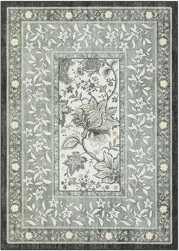 GarveeHome Provence Botanical Grove 4x6 Rug Vintage Cottagecore Soft Gray Fog Green 4x6 Washable Rug for Bedroom Living Room Nursery Kitchen Entryway Indoor Mat