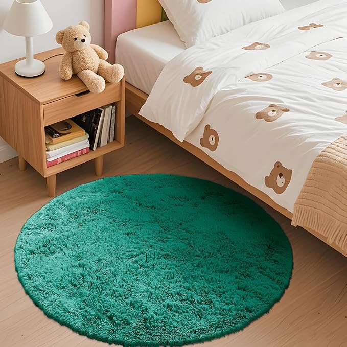 OLANLY Teal Green Round Rugs for Bedroom - Machine Washable, 3 ft Circle Area Rugs for Living Room, Soft and Fluffy Shaggy Carpet for Teen Girl and Boys, Nursery Rooms, Dorms, Home Decor Aesthetic