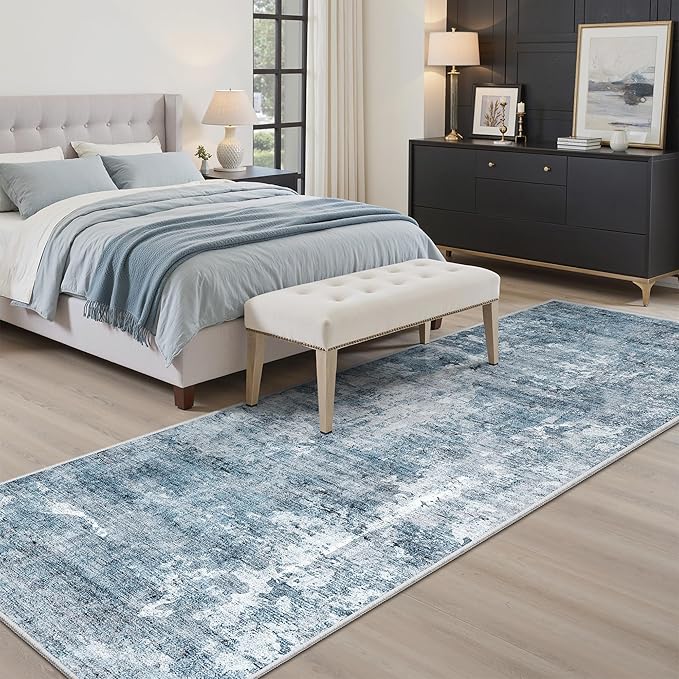 Washable Runner Rug, 2'6" x 8' Non-Slip Kitchen Vintage Foldable Hallway Runners for Entryway, Laundry, Bedroom, Blue