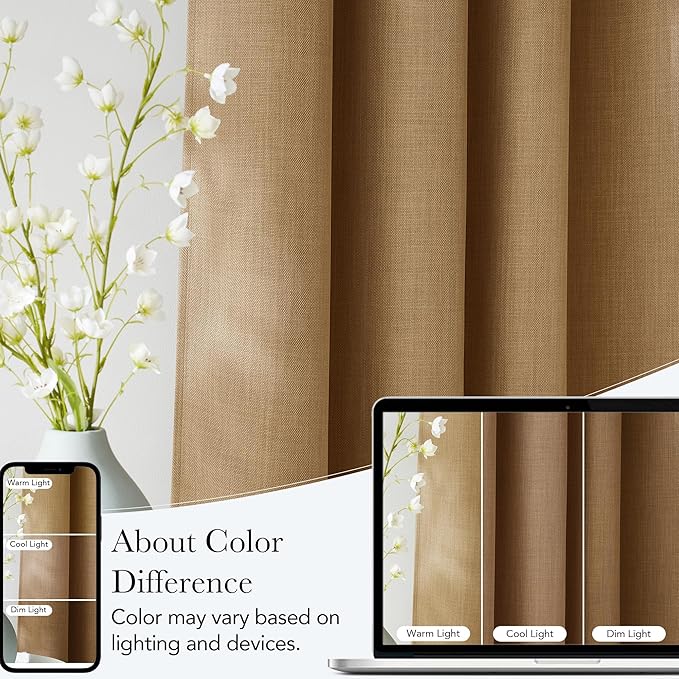 NICETOWN Caramel Faux Linen Room Darkening Rod Pocket Curtains 63 inch Length, W42 x L63, Light Blocking Thermal Insulated Noise Reducing Drapes for Bedroom Living Room Farmhouse Decor, 2 Panels