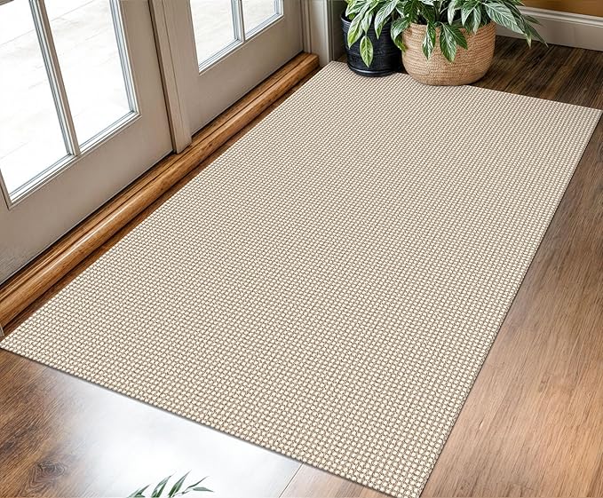 KOZYFLY Rugs for Entryway 3x5 ft Washable Area Rug Non Slip Rubber Backed Entry Rug Woven Indoor Door Mat Cotton Kitchen Rugs Floor Carpet for Entryway, Foyer, Backdoor, Ivory/Khaki