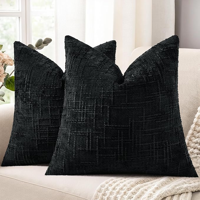 decorUhome Black Chenille Euro Sham Throw Pillow Covers 22x22 Set of 2 Textured Soft Cozy Slubby Couch Pillow Covers Modern Farmhouse Boho Decorative Pillow Cases for Bed Sofa Living Room