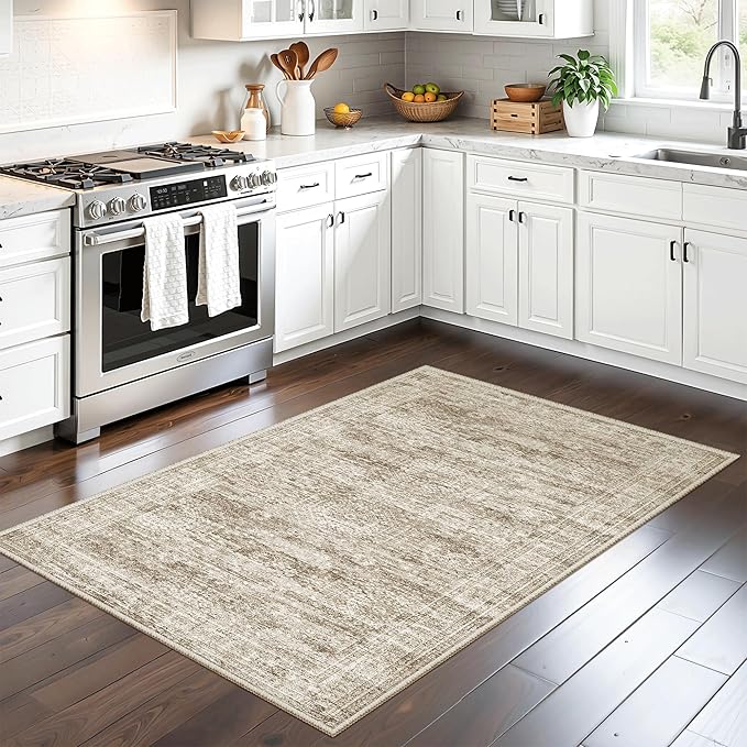 3x4 Rug, Small Area Rug for Kitchen, Entryway, Machine Washable Non-Slip Throw Rug, Vintage Carpet for Nursery Coffee Table Brown