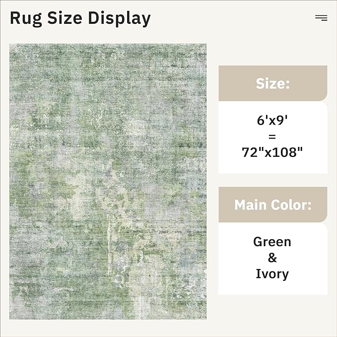 Area Rug 6x9 Abstract Rugs for Living Room 6 x 9 Washable Rugs Green Non Slip Low Pile Rugs for Bedroom Dining Room Foldable Thin
