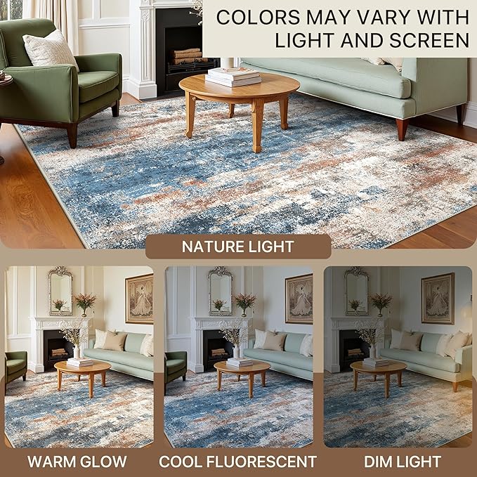 Area Rugs 6x9 for Living Room Bedroom, Modern Abstract Machine Washable Rug, Large Soft Low Pile Floor Carpet with Non Slip Backing for Dining Room, Blue/Brick