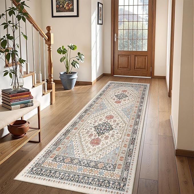 Runner Rug 2x6, Non Slip Washable Rugs for Laundry Room, Runners for Hallways, Low Pile Vintage Soft Rugs for Living Room, Kitchen Bathroom,Bedroom Rug(Blue/Red/Multi,2'x6')
