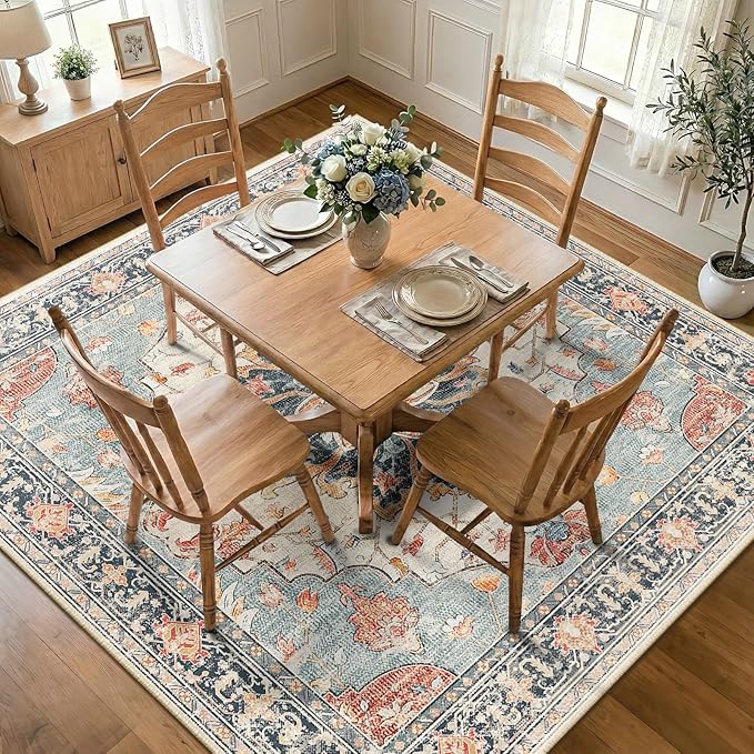 RELEANY Area Rugs Square 8ft Washable Non-Slip, Floral Vintage Distress Print Pattern Medallion Carpet for Living Room Bedroom Dining Room, Beige Navy Blue Orange Colorful