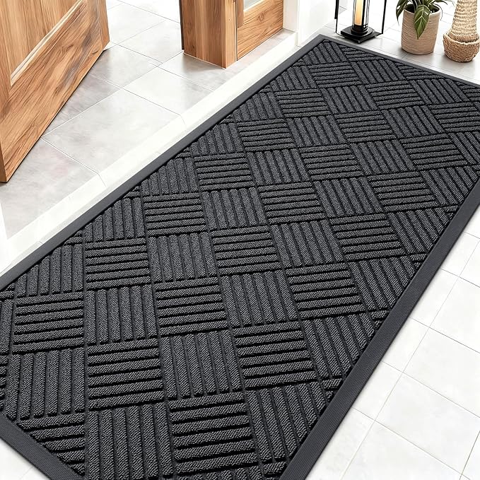 OLANLY Front Door Mat Outside Entrance 59x23, Absorbent, Heavy Duty Sturdy Natural Rubber Doormat Indoor Outdoor, Stain and Fade Resistant, Non-Slip Low Profile Floor Mat for Entryway, Black Diamond