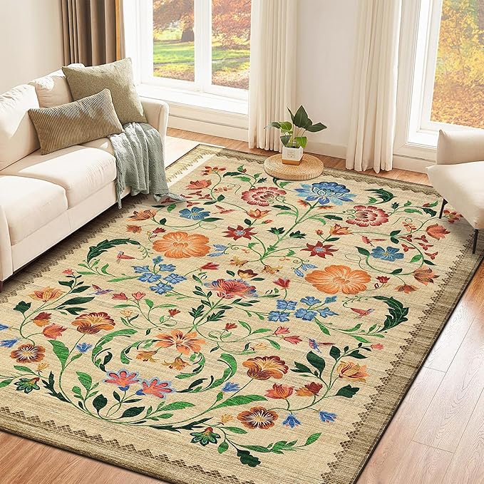 GarveeHome Washable Rug 4x6 Area Rugs for Living Room, Floral Rug for Bedroom, Soft Boho Non Slip Throw Rugs with Rubber Back, Low Pile Stain Resistant Vintage Floral Carpet for Dining Room, Beige