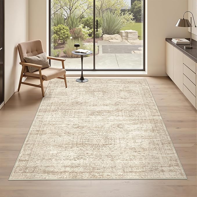 Area Rugs 4x6 for Living Room, Non-Slip Backing Small Kids Rugs for Bedroom, Vintage Abstract Rug Home Decor, Low Pile Soft Washable Rug for Kitchen, Dining Room (4'x6', Beige/Ivory)