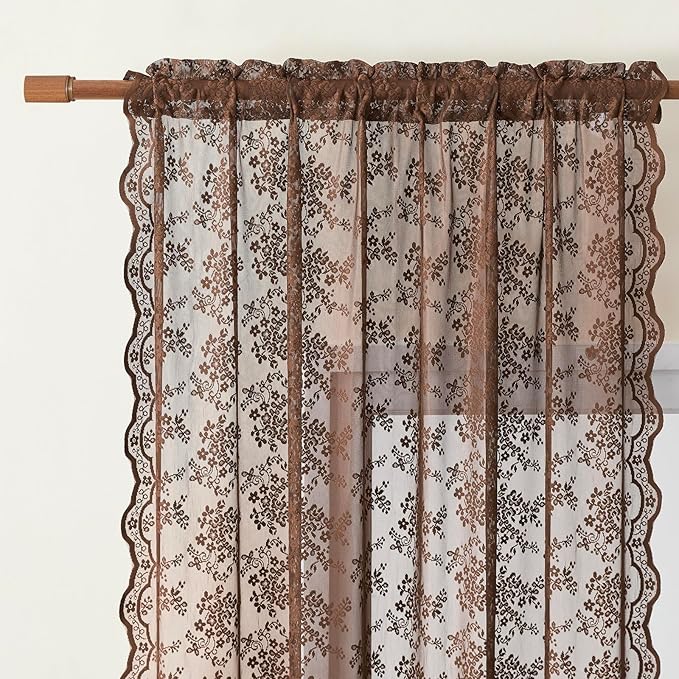 YJ YANJUN Vintage Lace Curtains 54 Inch Length-Brown Kitchen Curtains for Small Window, Victorian Floral Pattern, Light Filtering Voile Sheer Panels for Bedroom Bathroom 52" W x 54" L 2 Panels