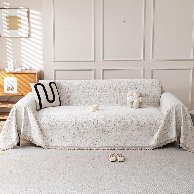 Couch Cover for Dogs, Boho Sofa Covers for 3 Cushion Couch, Chenille Slipcover for Pets Washable, L-Shape Sectional Couch Loveseat Cover Soft Throw Blankets with Tassels(91x150,Speckled Beige)