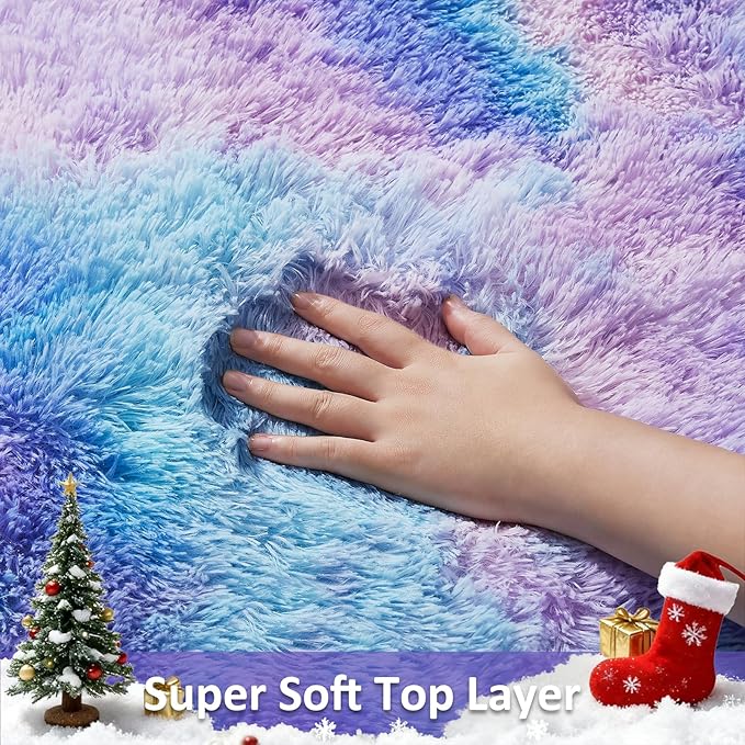 Ophanie Rainbow Purple Mermaid Rugs for Living Room 6x9, Kids Fluffy Shag Fuzzy Plush Soft Carpets, Floor Shaggy Area Rugs for Bedroom, Carpet for Kids Girls Dorm Nursery Home Decor Aesthetic
