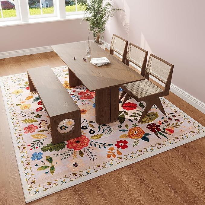 Rugcomf Living Room Rug 5x7 Rug Machine Washable Boho Area Rug Non Slip Floral Vintage Low Pile Large Rugs for Living Room, Bedroom, Farmhouse, Dining Room, Kids Playroom(Beige)