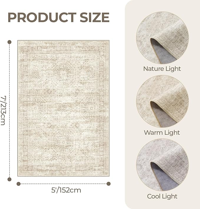 5x7 Area Rugs, Ultra-Thin Washable Rugs for Living Room, Anti-Slip Backing Area Rug for Bedroom, Soft Abstract Vintage Home Decor Rug for Dining Room(5'x7', Beige/Ivory)