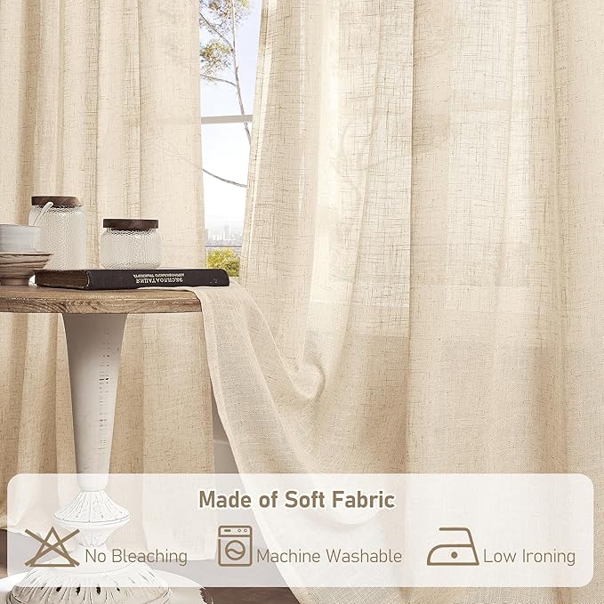 LAMIT Linen Curtains 84 inch Length for Living Room, Light Filtering Semi Sheer Panels Back Tab and Rod Pocket Neutral Drapes for Bedroom, Linen, 2 Panels, 34 x 84 Inch