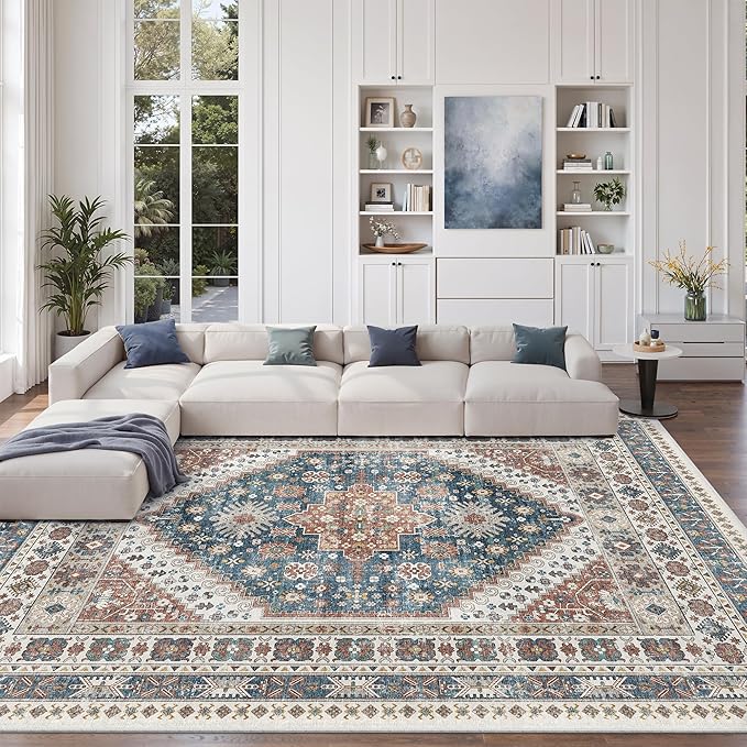zesthome 9x12 Area Rugs,Stain Resistant Washable Rug,Ultra-Thin Rugs for Living Room,Bedroom,Non-Slip Backing Home Decor Large Area Rug (Navy Blue/Red,9'x12')