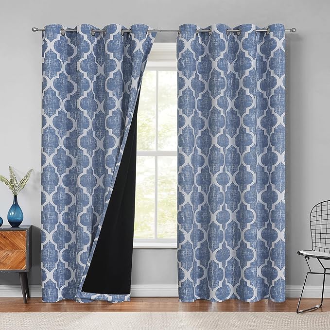 Beauoop 100% Blackout Curtains 84 Inches Long 2 Panels for Bedroom Living Room Blue Moroccan Geo Room Darkening Thermal Insulated Soundproof Grommet Top Window Treatments Drapes, 50x84 Set of 2