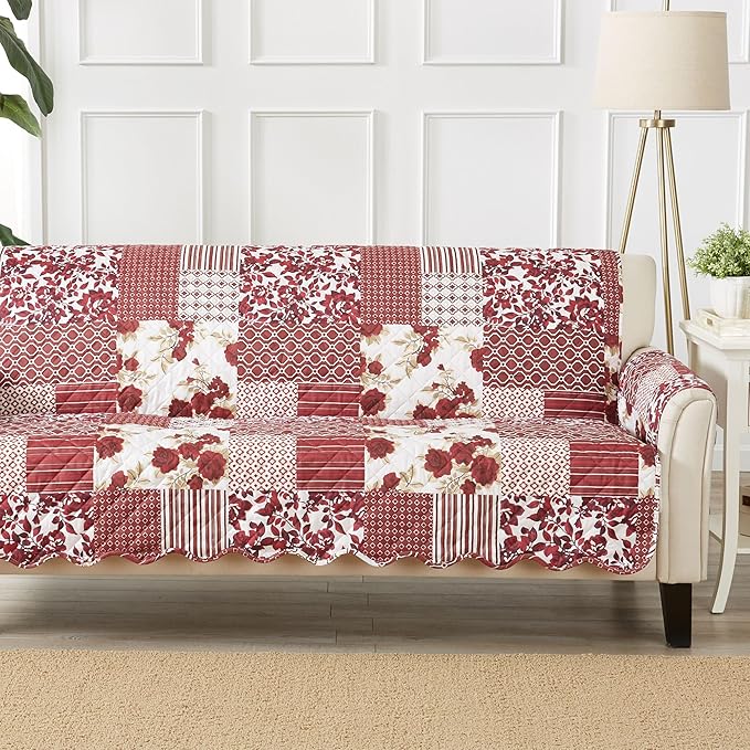 Great Bay Home Reversible Patchwork Sofa Cover - Washable Slipcover Furniture Protector with Elastic Straps - Perfect for Kids & Pets - Box-Stitched Detail (Burgundy)