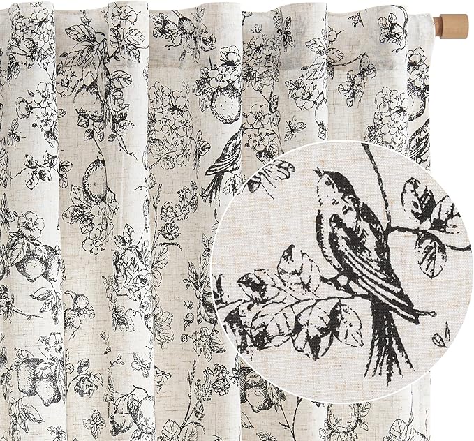 jinchan Linen Floral Curtains for Living Room 96 Inch Length Black Printed Flower Light Filtering French Country Curtain Farmhouse Cottage Core Toile Curtains Back Tab Window Drapes Set 2 Panels