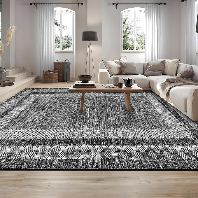 GarveeHome Extra Large Area Rug 10x13 Modern Geometric Rug with Non Slip Rubber Backing, Thin Washable Foldable Carpets, Soft Low Pile Non Shedding Printed Floor Mats for Hotel Office, Black
