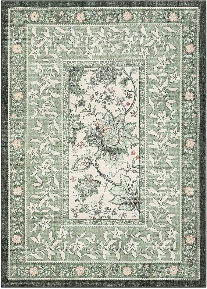 GarveeHome Provence 8x10 Area Rugs for Living Room, Botanical Grove Sage Green Cottagecore Washable Rug for Bedroom Dining Nursery Low-Pile Vintage Large Carpet