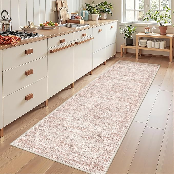 Rug Runners for Hallways Non Slip - 2x8 Runner Rug for Bedroom, Washable Runner with Rubber Backing, Soft Low-Pile Carpet for Kitchen, Laundry, Bathroom (2'x8', Pink/Ivory)