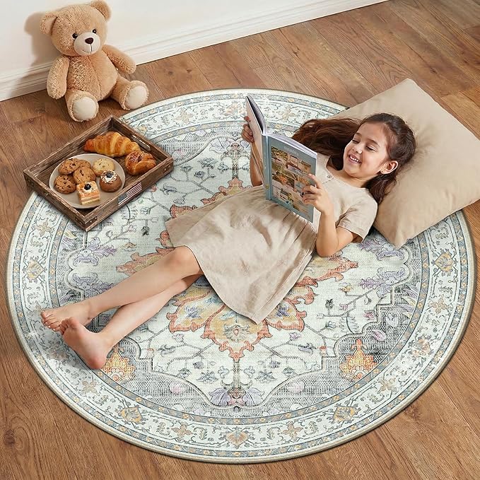 Area Rugs 4ft Washable Non-Slip, Floral Vintage Distress Print Pattern Medallion Carpet for Living Room Bedroom Dining Room, Light Yellow Carbon Grey Orange