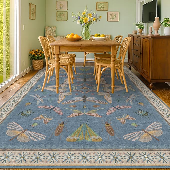 Hazo Haus 6x9 Blue Floral Rug for Dining Room Table - Area Rugs for Living Room, Bedroom, Insect Moth Art Nouveau Décor, Washable Lightweight Foldable Non Slip