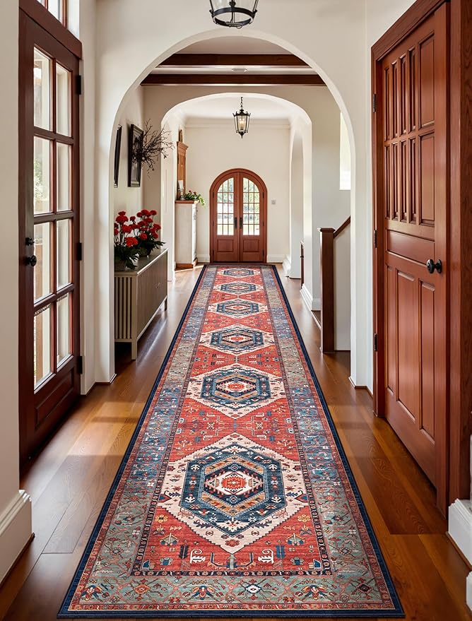 SERISSA Runner Rug for Hallways, 2'6"x16' Washable Non Slip Kitchen Runner Rug, Extra Long Boho Rug Ultra Soft Vintage Rust Print Floor Carpet for Bedroom Hallway Entryway Bathroom Laundry Room