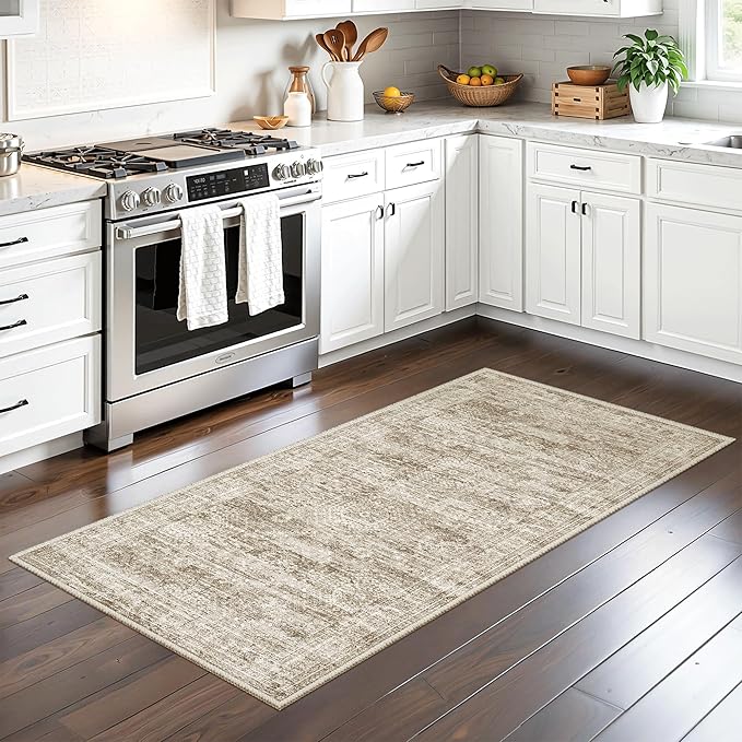 2x4 Washable Rugs for Kitchen, Floor, Entryway, Powder Room Small Area Rug Non-Slip Vintage Low Pile Throw Door Mat Brown