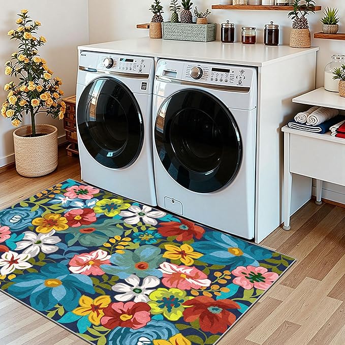 3x5 Boho Entry Rug - Small Washable Indoor Outdoor Mats for Front Door Non-Slip Porch Rug Spring Summer Colorful Floral Throw Rugs for Living Room Bedroom Entryway Kitchen Office Porch Decor