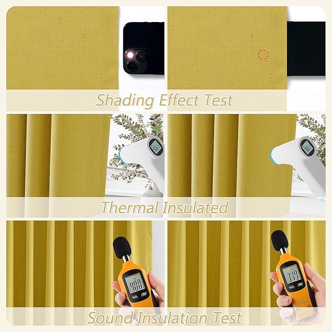 Guken Celery Yellow 100% Blackout Linen Curtains 102 Inch Length 2 Panels Set for Living Room Bedroom Back Tab Rod Pocket Thermal Insulated Black Out Drapes Room Darkening,52x102
