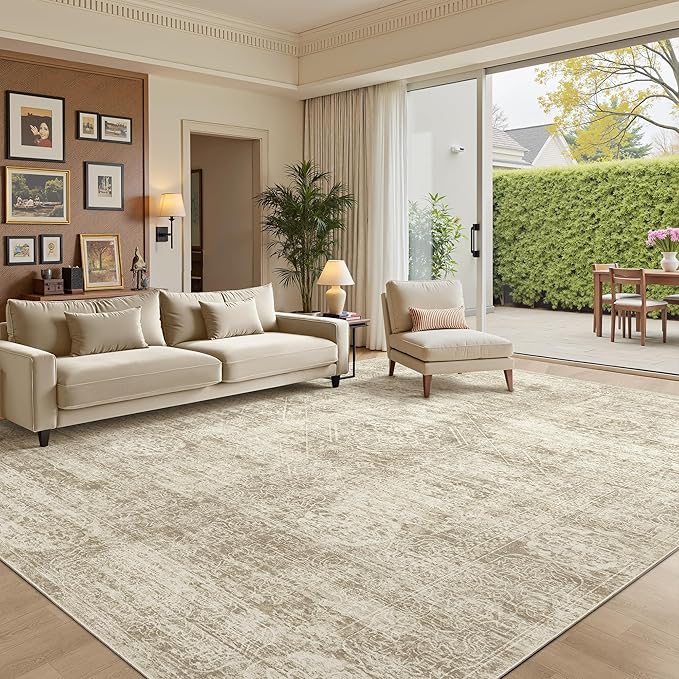Madane 8x10 Area Rugs for Living Room, Machine Washable Vintage Beige Rug with Non-Slip Backing, Soft Throw Large Rug, Thin Carpet for Bedroom Dining Room Farmhouse Under Table