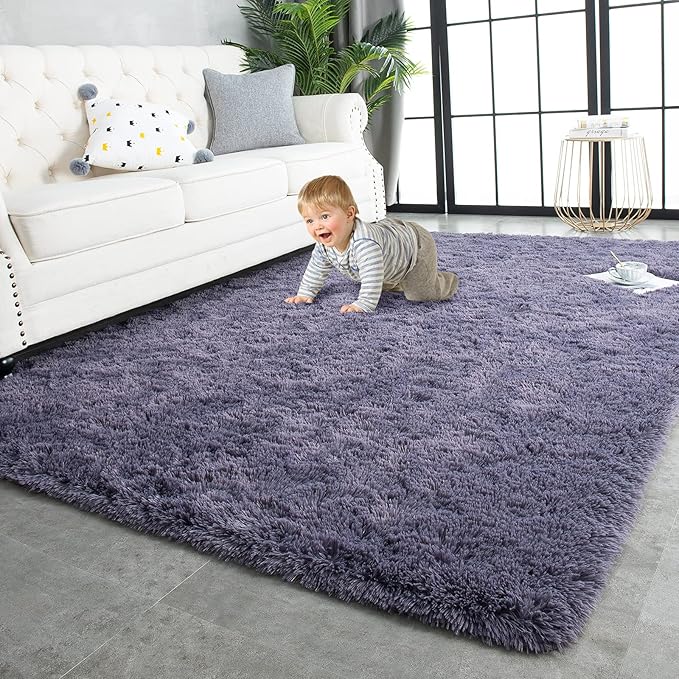 TWINNIS Super Soft Shaggy Rugs Fluffy Carpets 8x10 Feet, Indoor Modern Plush Area Rugs for Living Room Bedroom Kid Room Nursery Home Decor, Upgrade Anti-Skid Rectangular Fuzzy Rug, Grey Purple