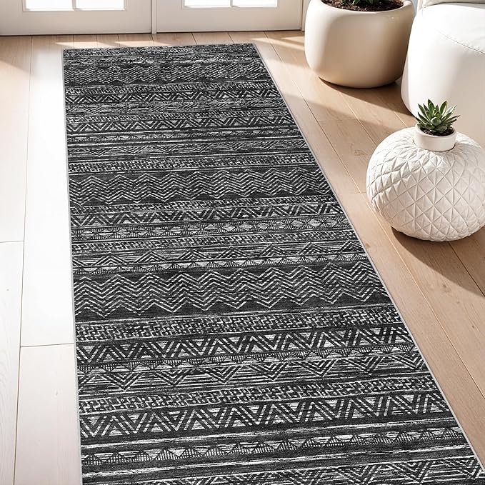 3x7 Washable Hallway Runner Rug - Moroccan Non-Slip Indoor Table Long Runners for Entryway Soft Low-Pile Neutral Rugs for Kitchen Waterproof Geometric Carpet for Bedroom Bathroom Laundry 3x7 Black
