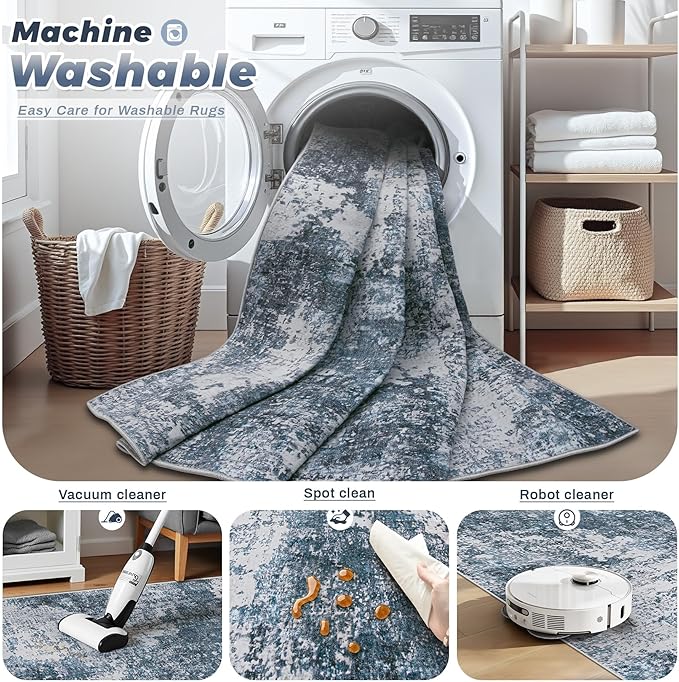 Area Rugs 6x9 for Living Room: Washable Rug Modern Abstract Neutral Soft Non-Slip Low-Pile Indoor Carpet for Bedroom Dining Room Playroom Home Office (Blue Grey, 6'x9')