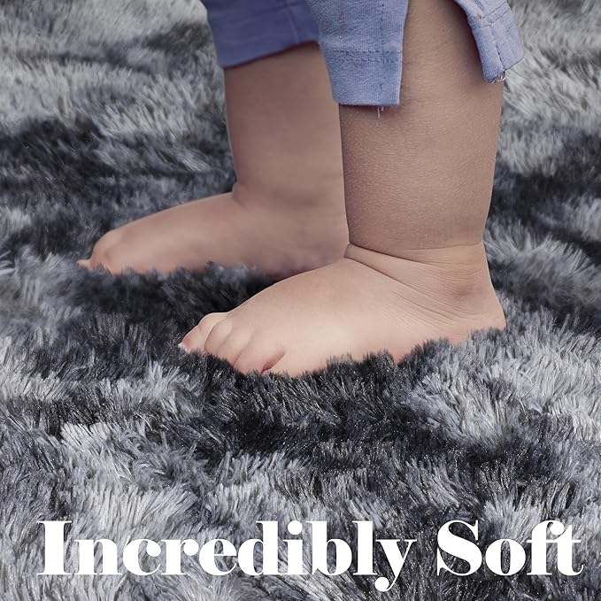 ONASAR Runner Rugs for Bedroom Living Room, Fluffy Tie-Dyed Dark Grey 2x6 Bedside Hallway Area Rug, Ultra Soft Plush Furry Faux Fur Non Slip Floor Carpet for Nursery Kids Dorm Closet Home Decor