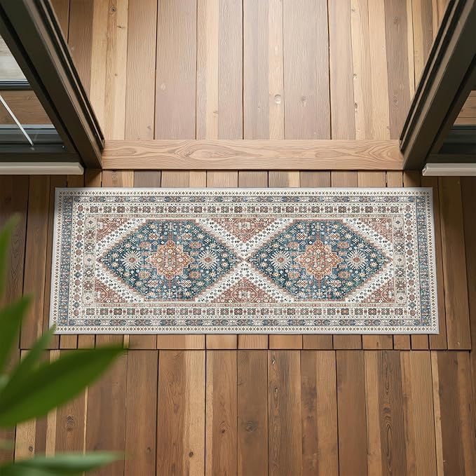 2x5 Rug Runner Washable for Entryway, Soft Bathroom Rugs with Non-Slip Backing,Vintage Low Pile Stair Runner, Small Kitchen Carpet for Hallways, Laundry Room(Blue/Red,2'x5')