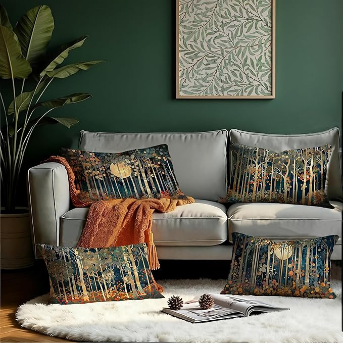 Rustic William Morris Inspired Forest Moon Decor Pillow Covers 12x20 Set of 4,Vintage Botanical Nature Landscape Decorative Throw Pillow Covers for Home Bedroom Living Room,Fall Home Room Decor