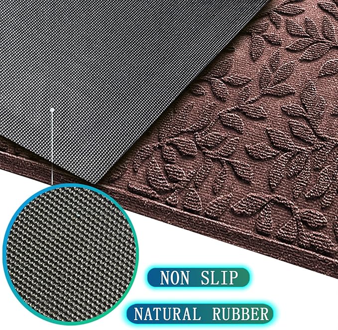 Bulijojo Sturdy Front Entrance Doormats,Durable Heavy Duty Welcome Mat,Thick Absorbent Natural Rubber Non Slip Mat,Easy Clean Entryway Mat 17x30 Inch Leaves Brown