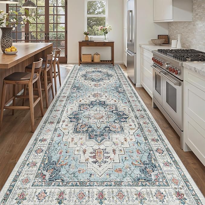 Madane 4x10 Wide Hallway Runner Rug: Washable Soft Rug Runners for Living Room Bedroom, Stain Resistant Low Pile Area Rugs Thin Non Slip Floor Carpet for Ktichen Bathroom Dining Room (Blue, 4x10)