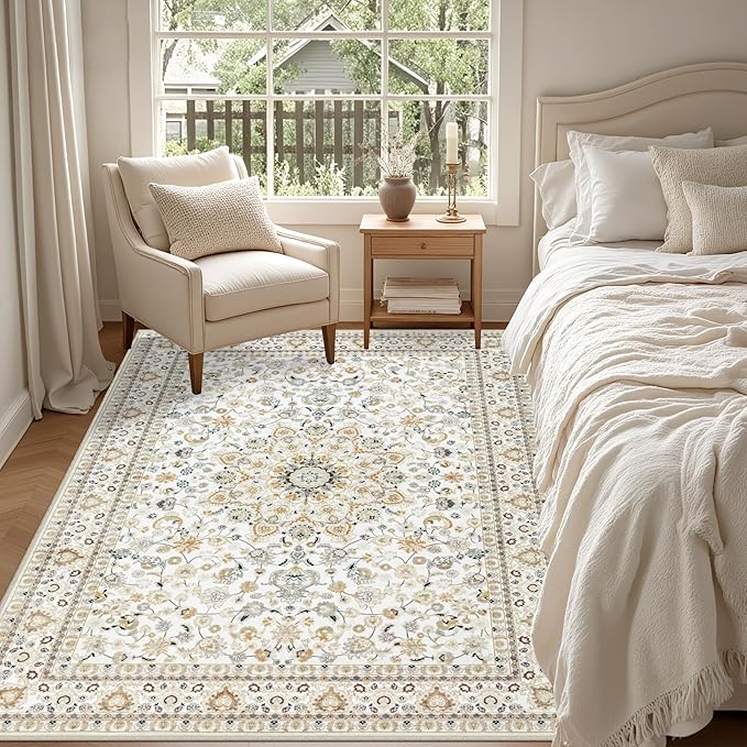 4x6 Area Rugs for Living Room: Washable Rug Soft Vintage Boho Carpet Indoor Floor Non-Slip Stain Resistant Floral Large Carpets for Bedroom Dining Room Farmhouse Nursery Home Office Beige