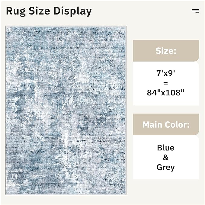 7x9 Area Rug for Living Room Washable Abstract Vintage Soft Thin Indoor Floor Non-Slip Carpet for Bedroom Dining Room Blue Grey