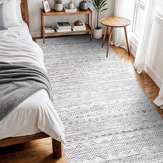 4x10 Washable Hallway Runner Rug：Moroccan Non-Slip Wide Runners for Entryway Kitchen Soft Modern Geometric Low-Pile Rugs for Living Room Thin Waterproof Carpet for Bedroom Bathroom Laundry(Grey,4x10)