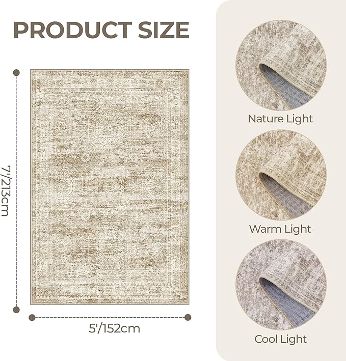 5x7 Area Rugs, Ultra-Thin Washable Rugs for Living Room, Anti-Slip Backing Area Rug for Bedroom, Soft Abstract Vintage Home Decor Rug for Dining Room(5'x7', Brown/Ivory)