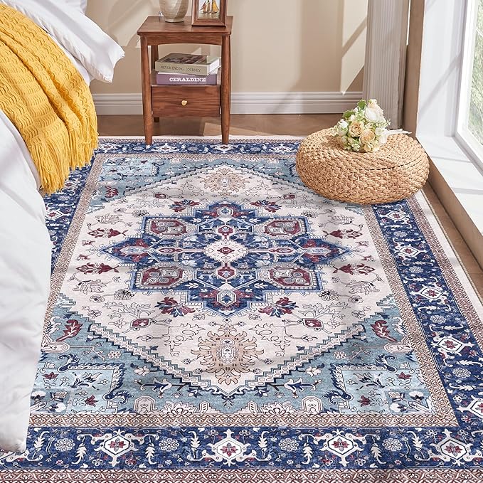 OPPODREAM Soft Area Rugs 4x6, Low-Pile Washable Rugs 4x6 with Non Slip Backing, Faux Cashmere 4 x 6 Throw Carpet, Navy Blue & Red & Cream